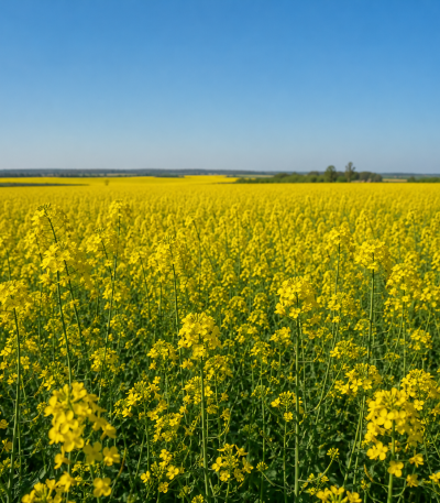 Поле озимого ріпаку у фазі цвітіння під ясним небом – професійна фотографія посівів ріпаку.