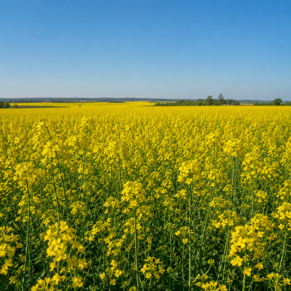 Поле озимого ріпаку у фазі цвітіння під ясним небом – професійна фотографія посівів ріпаку.