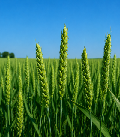 Озима пшениця Тікі Така від Viterra Seed – зелене колосся у фазі наливу зерна на полі.