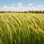 Поле ярого ячменю у фазі колосіння – зелені остисті колоски високопродуктивної зернової культури на тлі літнього неба
