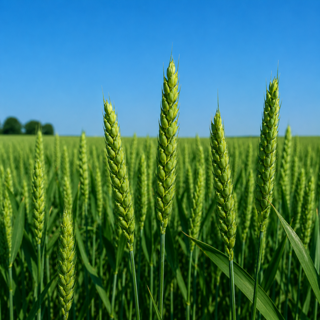 Озима пшениця Тікі Така від Viterra Seed – зелене колосся у фазі наливу зерна на полі.
